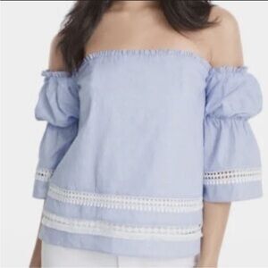 NWOT White House Black Market Blue Lace Off-the-Shoulder Bell Sleeve Top 8 boho
